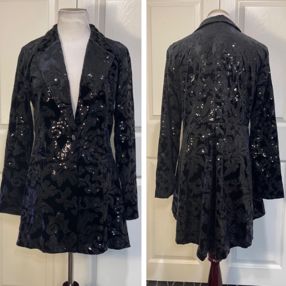 Venus Black Velvet & Floral Sequin Keyhole Dress & Waterfall Back Blazer Set - Picture 3 of 12